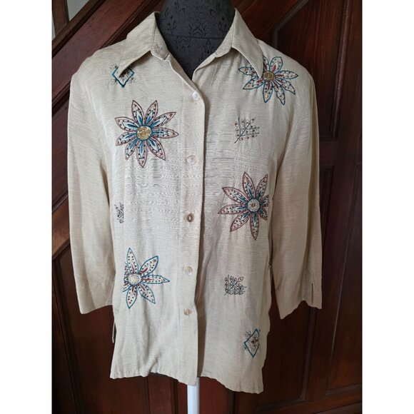 Alfed Dunner Tan Embroidered Floral Button-Up Blouse With 3/4 Sleeves 12p - Picture 1 of 10